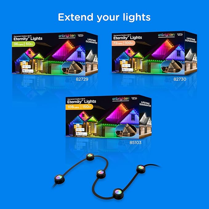 Enbrighten Vibe Eternity Permanent Outdoor Lights Extension Only, 16.5ft with 12 RGBWIC LEDs, Not for Standalone Use, Enbrighten 50ft or 100ft Eternity Lights Needed, Extendable up to 200ft, 82732