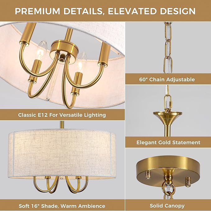 Drum Chandelier for Dining Room, 4-Light Modern Farmhouse Gold Chandelier with Linen Drum Shade, 16" Hanging Pendant Ceiling Light Fixture for Kitchen Island Bedroom Living Room
