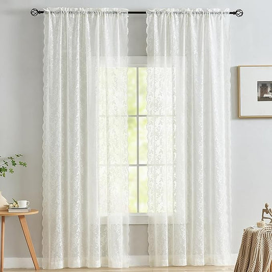 FINECITY Vintage Lace Curtains 72 Inch Length - Rustic Floral Branch Leaf Lace Window Curtains for Living Room, Privacy Scalloped Trim Cream Sheer Lace Curtains, 52 x 72 Inch, 2 Panels, Ivory/Cream