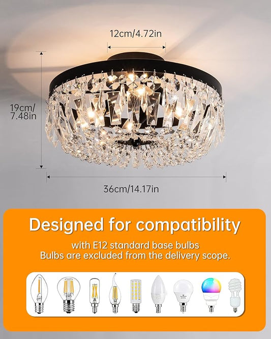 KSRYSZCQ Black Crystal Ceiling Light, 15''Modern Semi Flush Mount Ceiling Light Fiture 4-Light Crystal Chandelier with E12 Bulb for Dining Room, Kitchen Island, Bedroom Hallway
