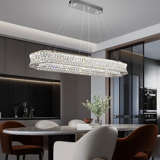 47" LED Rectangle Chrome Crystal Chandeliers for Dining Room, Luxury, Rectangular Modern Crystal Oval Kitchen Chandelier, Dimmable LED with Remote, for Dining Room, Kitchen Island
