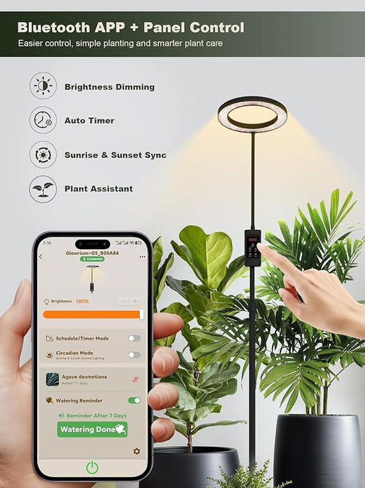 GLOWRIUM Smart Grow Lights for Indoor Plants, 24W Full Spectrum Plant Lights with Bluetooth App, Adjustable Height 47-70.9", Auto Timer, Indoor Plant Lamp for Large Tall Plants(Black 24W)