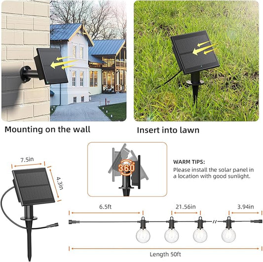 Kawaya Outdoor Solar String Lights, IP65 Waterproof Shatterproof Edison Hanging Lights with USB-Charging LED Solar Patio Light for Yard Fence Porch Camping Party and Garden Decor