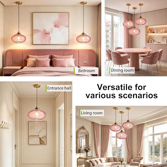 Glass Pendant Lights Kitchen Island, 11'' Brass Gold Pendant Lighting Fixtures, Modern Hanging Ceiling Light with Striped Purple Pink Glass Shade for Farmhouse Dining Room Bedroom Hallway(1 Pack)