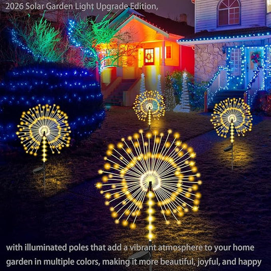 2 Pack 250LED Solar Garden Lights Outdoor, Dual Lighting Modes Firework Lights Solar Powered, Waterproof Twinkle Fairy Light Outside for Yard Patio Pathway Christmas Party Decorative(Warm White)