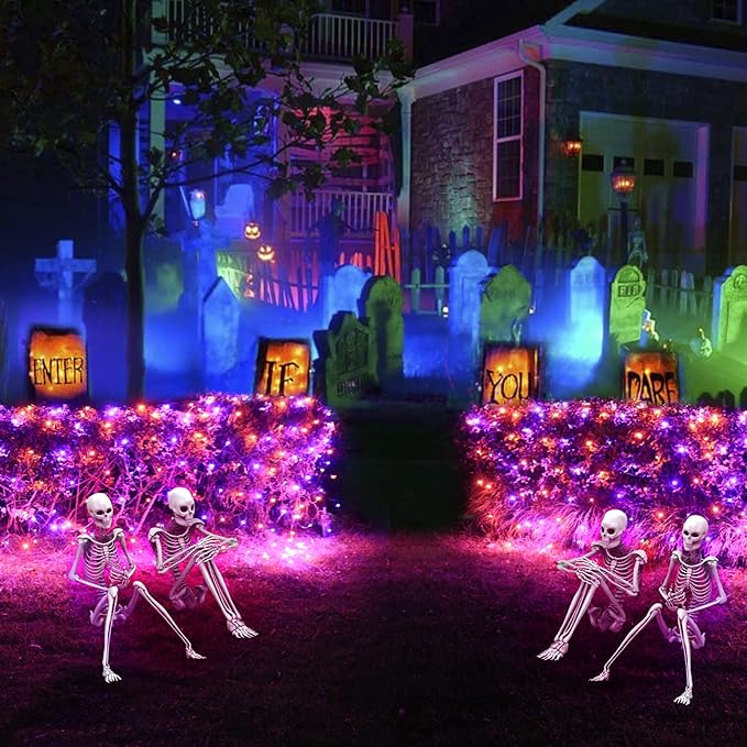 Pooqla 360 LED Halloween Net Lights Outdoor, 21 ft x 5 ft Connectable Mesh String Lights 8 Modes Waterproof Plug in for Halloween Decoration Bushes Yard Garden Party, Orange and Purple