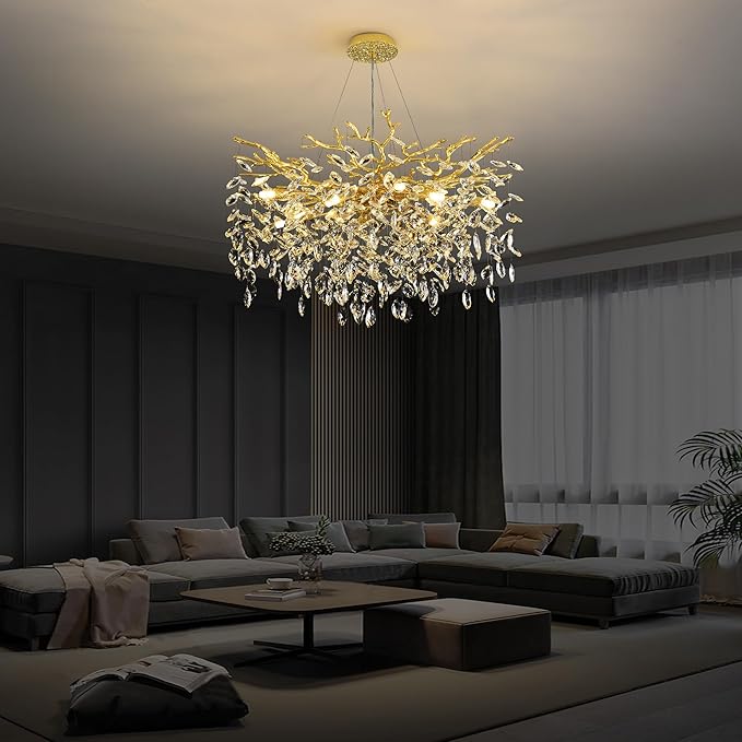 Tree Branch Chandelier Modern Crystal Pendant Light, Luxury Gold Art Deco Raindrop Lighting Fixture for Dining Room Bedroom Living Room 10 Lights D30''