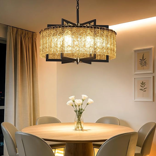 Modern Black Crystal Chandeliers for Dining Room, Elegant Chandelier Light Fixture for Kitchen Island, Water Ripple Glass, Drum Hanging Lights for Bar Table Entryway Foyer Hallway-24”