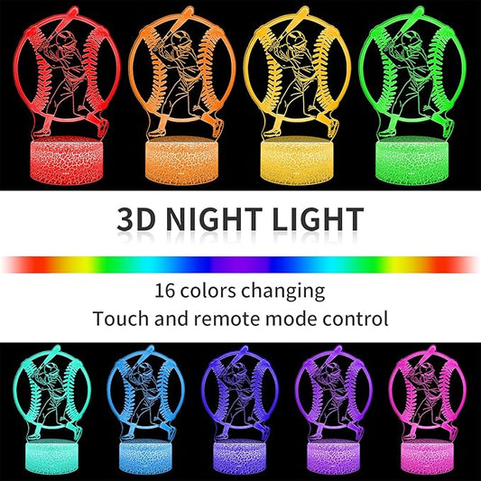 BASSI Baseball Gift 3D Night Light for Kids - 16 Colors & Flashing Modes with Remote Control Opreated Dimmable - Baseball Player Decor - Christmas Birthday Gifts for Boys Girls Sport Fans