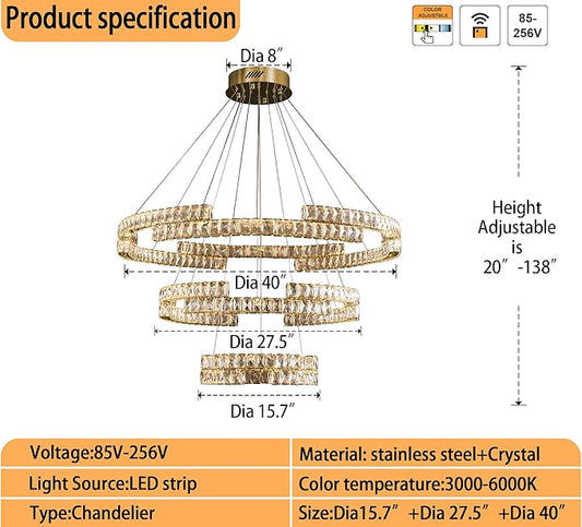 D40''+D27.5''+D15.7'' Modern Gold 3 Ring Crystal Chandeliers for Living Room Crystal Pendant Light Foyer Entrance LED Dimmable 3000-6000K Fixtures