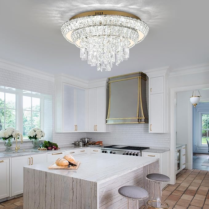 18 inch Crystal Gold Ceiling-Light Flush Mount With Remote Control and APP, 3CCT Dimmable & Brightness Adjustable, Modern Crystal Raindrop Chandeliers for Bedroom Hallway Dinning Room Living Room