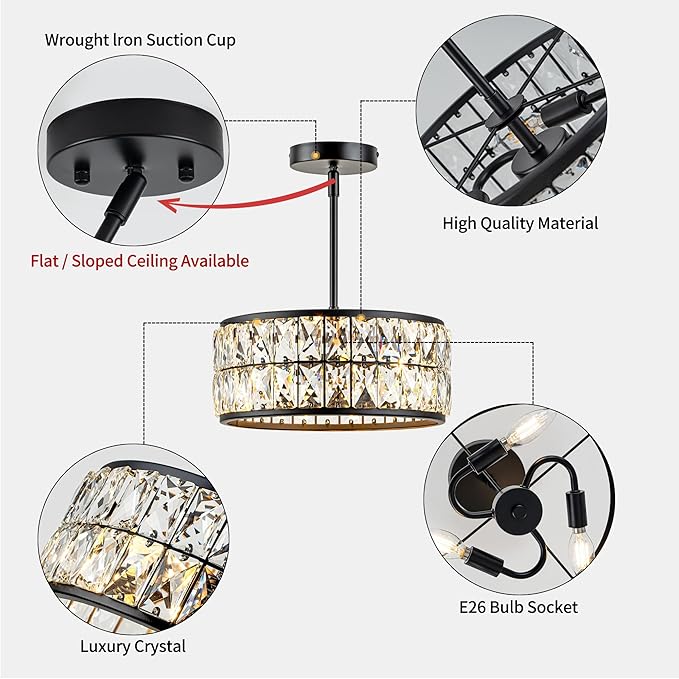 Rpzloila 3-Light Crystal Ceiling Light, Modern Semi Flush Mount Ceiling Light, Black Crystal Chandelier for Kitchen Bedroom Bathroom Entryway Hallway