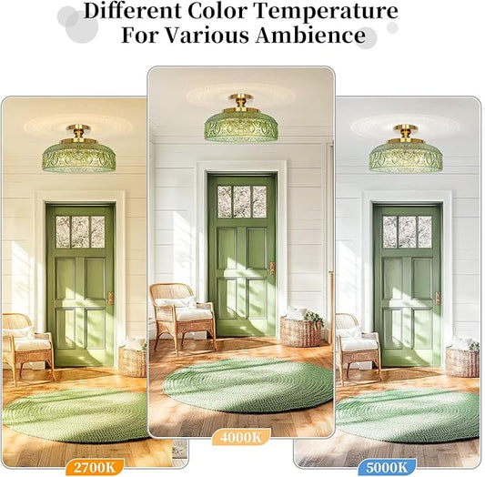 Lamomo Semi Flush Mount Ceiling Light, Upgraded Larger 12 Inch Green Hallway Light Fixture, 3 Light Globe Glass Close to Ceiling Scone, Indoor Hanging Light for Bedroom Kitchen Porch Hallway