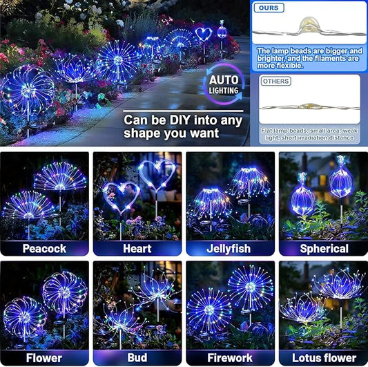 Anordsem Solar Lights Outdoor Waterproof: 6 Pack Garden Light - Bendable Copper Wire with 120 LED Firework Beads - DIY Colorful Fun Decoration for Yard Patio - Twinkle Sparkler Gifts for Women Wife