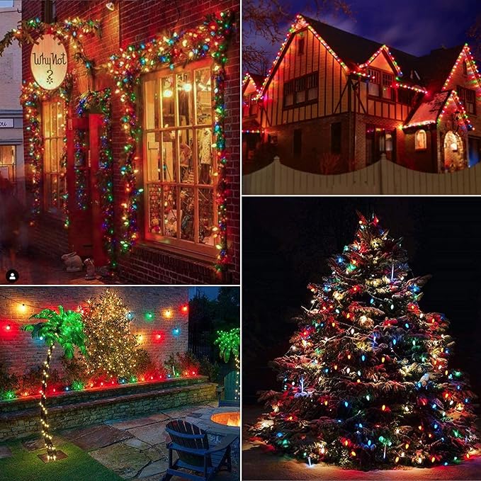 Moonflor C9 Christmas Lights Outdoor, 100Feet Vintage Christmas String Lights with 100 Bulbs, Connectable Waterproof Lights for Holiday Party Roofline Backyard Garden Patio, Green Wire (Warm White)