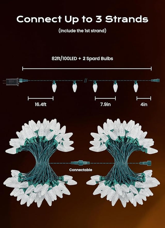 C9 Christmas Lights Outdoor, 82 FT 100 LED Connectable C9 String Lights with 8 Modes and Timer Extendable Xmas Tree Patio Roofline Garden Yard Holiday Party Indoor Outdoor Decoration, Warm White