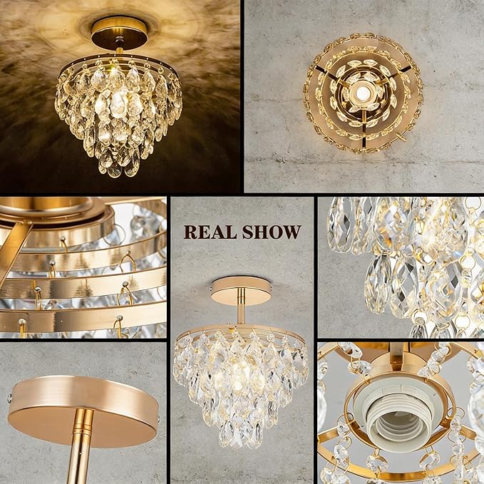 Mini Crystal Chandelier Small Modern Crystal Flush Mount Ceiling Light for Hallway Closet, E26 Base, K9 Crystal (Gold-Ceiling)