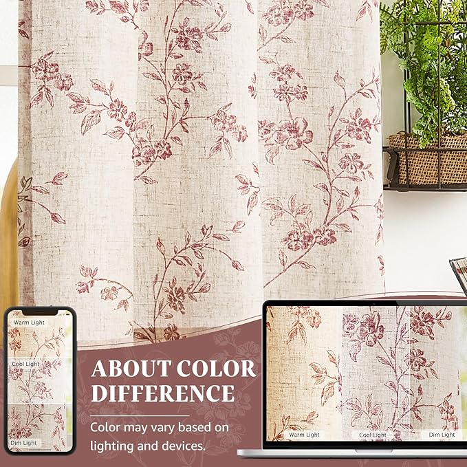 jinchan Floral Kitchen Curtains 24 Inch Linen Tier Curtains Farmhouse Cafe Half Window Drapes Over Sink Light Filtering for Living Room Laundry RV Rod Pocket 2 Panels Maroon Red on Beige