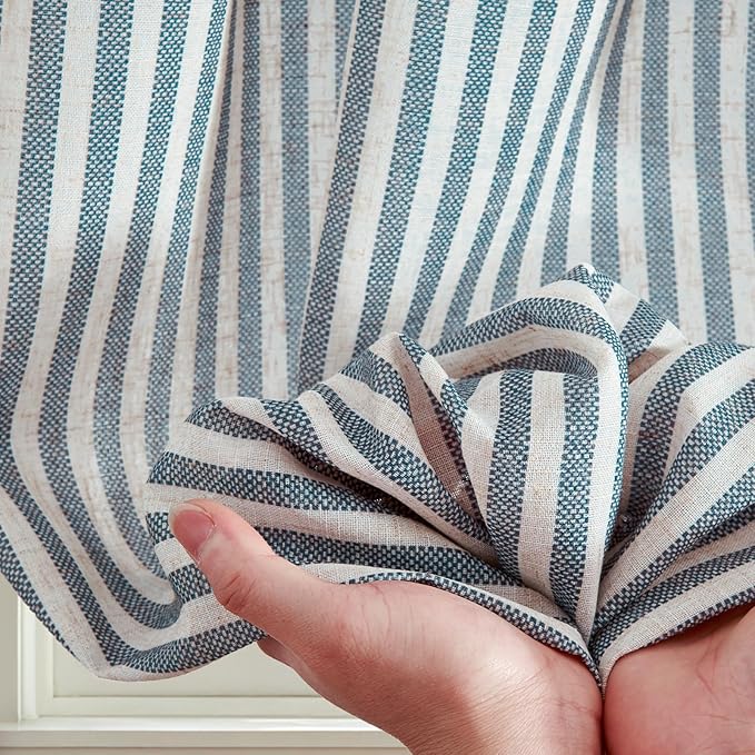 jinchan Striped Linen Kitchen Curtains 20 Inches Length Tier Curtains Farmhouse Modern Cafe Style Small Window Treatments Airy Light Filtering Rod Pocket for Living Room Bathroom 2 Panels Blue