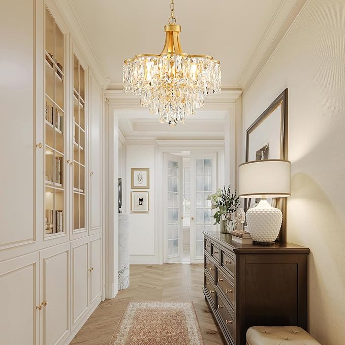 WUZUPS Crystal Chandelier Pendant Ceiling Light Modern Lighting Fixture for Bedroom Hallway Entry Kitchen Bathroom, H 21.1" x W 19.3", E12 Base, Gold