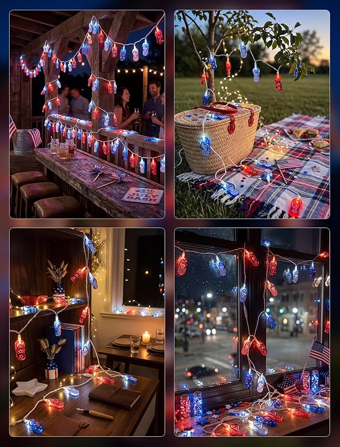 8.5Ft LED Tropical Beach Flip Flop String Lights, 4th of July Slipper String Lights Plug in with 10 Bulbs, Independence Day Decoration Lights for Patriotic Party Garden Festival National Day, White
