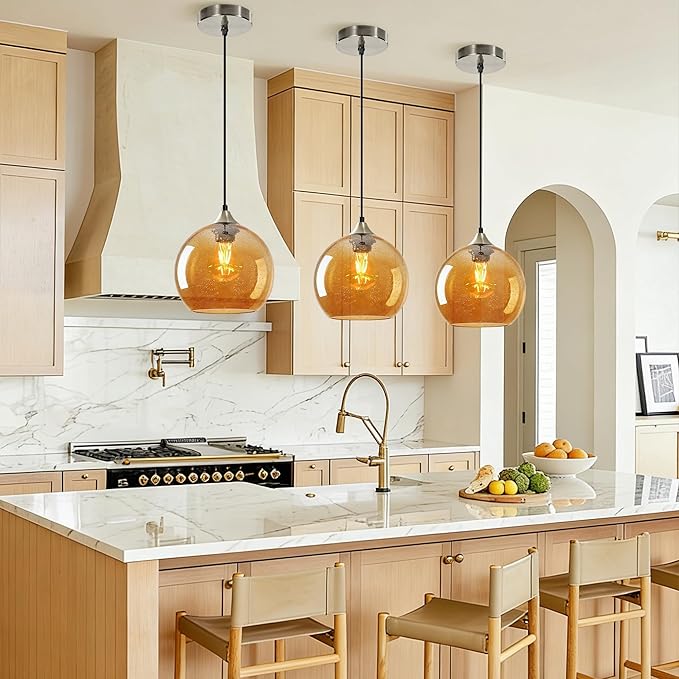Amber Glass Pendant Light for Kitchen Island, Includes 3 Bulbs & 4.92FT Adjustable Cord, Modern Pendant Lighting Fixtures for Kitchen, Dining Room, Living Room(7.1in)