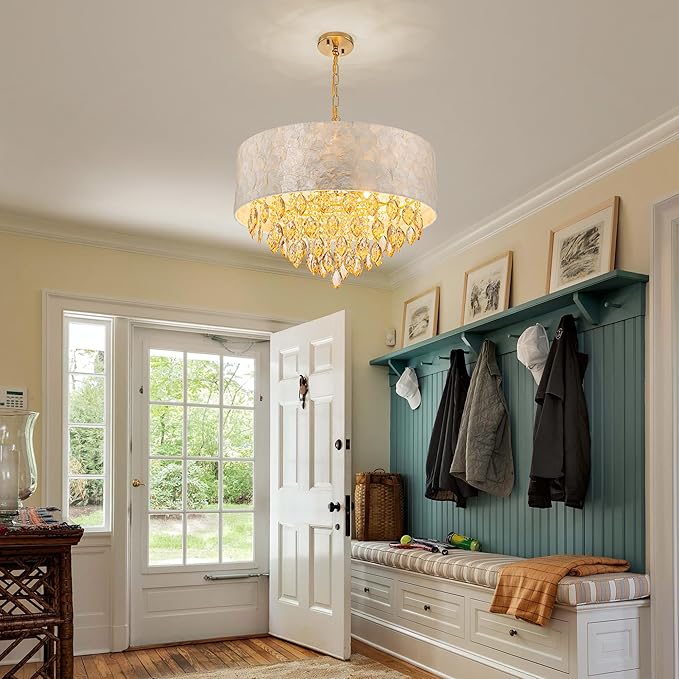 X-Large 6-Light Drum Capiz Shell K9 Crystal Chandelier, Coastal Style Pendant Light Fixture for Dining Room, Living Room, D24 * H24~70 Inch (Adjustable), Champagne Crystal & Chrome Finish