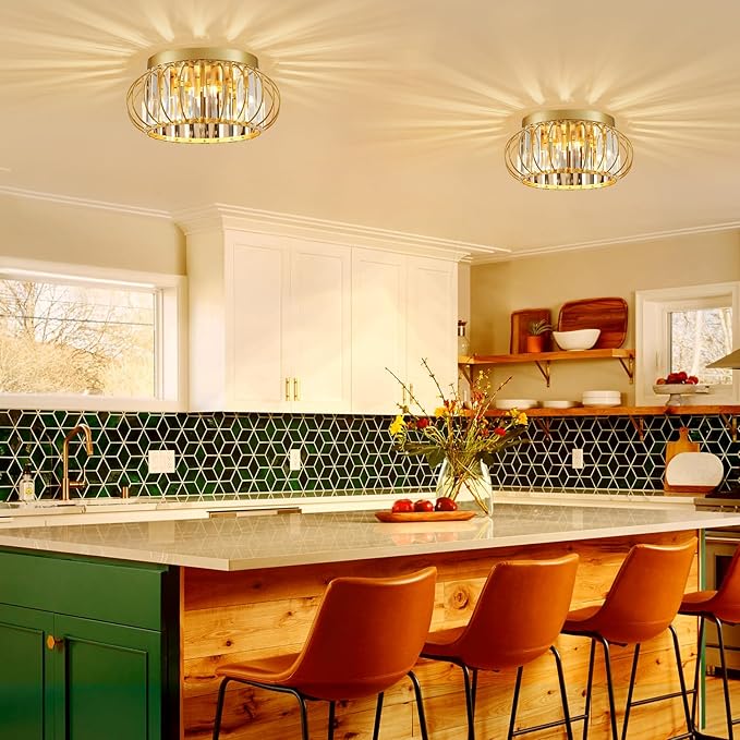 3-Light Modern Crystal Chandelier Gold Flush Mount Ceiling Light Fixtures for Hallway Foyer Bedroom Kitchen Dining Room Living Room, Metal Indoor Close to Ceiling Lamp