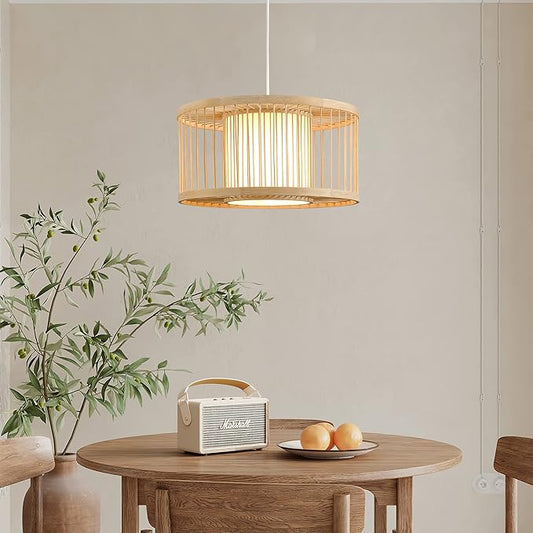 Boho Rattan Pendant Lights, 15.8" Coastal Drum Wicker Hanging Light Japanese Country Light for Dining Room Kitchen Living Room Bedroom, 1-Light E26 Base