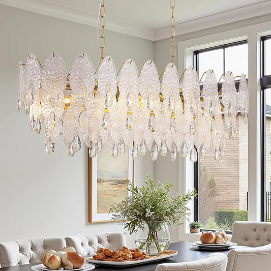 40-inch Gold Rectangle Chandelier for Dining Room,Modern Luxury Chandeliers,Linear Glass Pendant Hanging Lighting Fixture for Kitchen Island,L39.4'' × W13.8'' × H12.2''