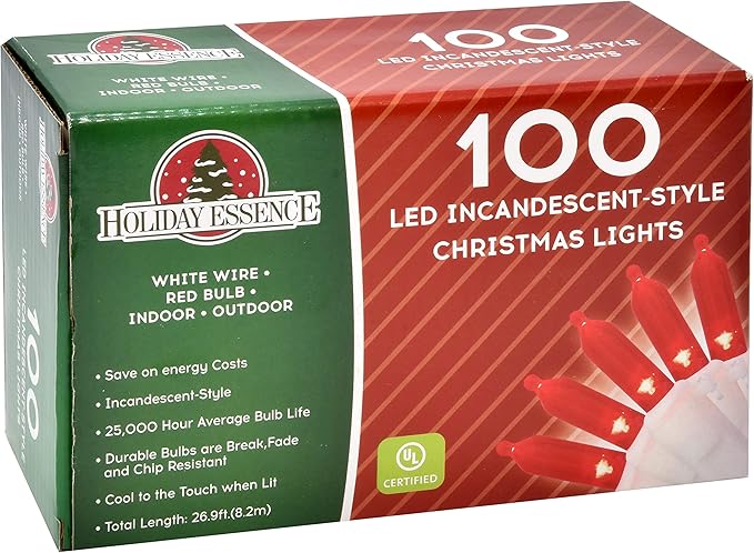 Holiday Essence 100 LED Red Christmas, White Wire 26.9 Feet Long String Lights Set for Outdoor/Indoor Décor, Valentines Day, Wedding, Halloween, Christmas Tree, Lighting Decorations, UL Certified
