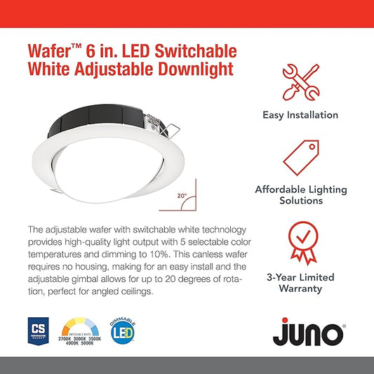 Juno LED Shower Light, Adjustable 6 Inch Wafer Downlight, Switchable Color Temperature 2700K/3000K/3500K/4000K/5000K, 90+ CRI, Matte White, 6-Inch