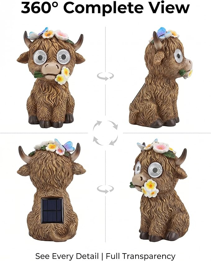 2 Solar Cow Garden Statues with Lighted Eyes – Cute Highland Cow Outdoor Decor, Waterproof Resin Animal Figurines for Yard, Patio, Lawn & Gifts (2-Pack)