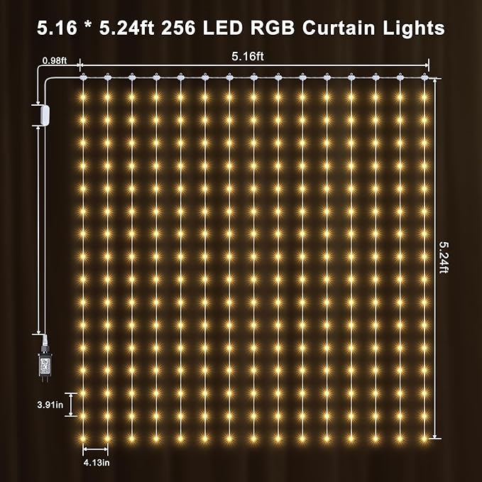 Color Changing Curtain Lights, 256 LED Red White Blue Window Curtain Lights with Remote, 5.16 * 5.24ft Plugin July 4th Window Fairy Light for Christmas July 4th Halloween Bedroom Wedding Home Decor