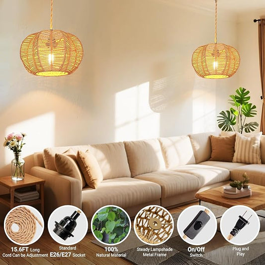 Hanging Light Fixture with Plug in Cord with on Off Switch, Rattan Pendant Lights Boho Lamp Ceiling Light, Plug in Pendant Light Hanging Lamp Shades for Living Room Decor Bedroom Kitchen