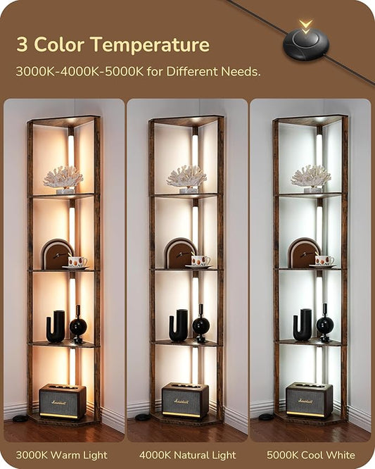 EDISHINE 64" LED Floor Lamp, Modern Floor Lamp with Shelves, Tall Standing Lamp with 3 Color Temperature, Stepless Dimmable Corner Floor Lamps for Living Room, Bedroom, Office, Burlywood