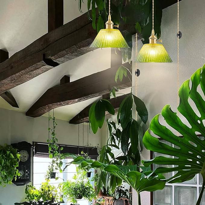 Plug in Pendant Light Vintage 2 Pack, Dimmable Pulley Hanging Lamp with Gradient Green Glass Shade, Brass Hanging Lights with Plug in Cord, Gold Plug in Hanging Light Fixture for Living Room Ceiling