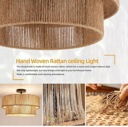 Boho Semi Flush Mount Ceiling Light Rattan Ceiling Light 18" Farmhouse Ceiling Lamp with Natural Hemp Rope Lampshade for Dining Room Living Room Bedroom Kitchen
