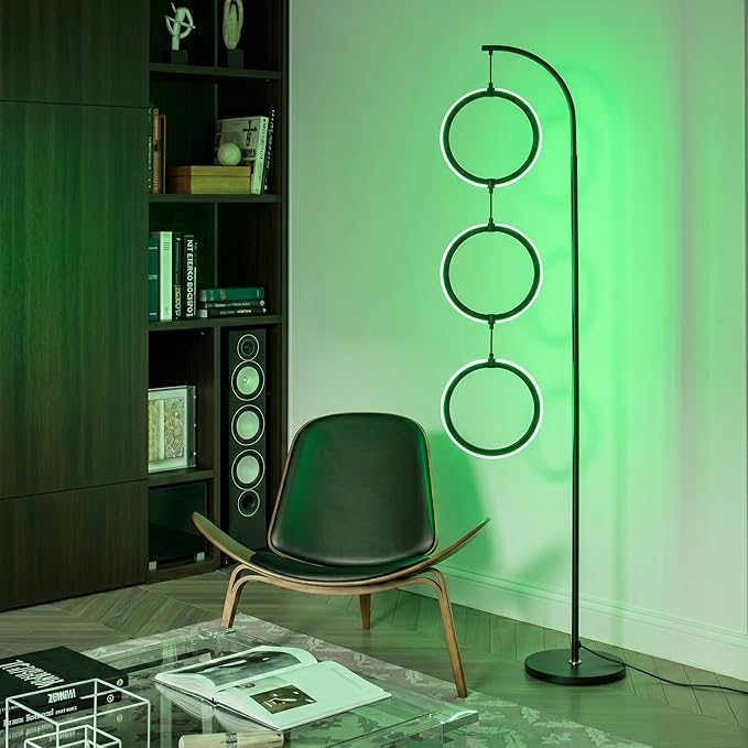 Brightech Nova Modern Color Changing Floor Lamp - LED Lamp with Stunning RGB Color Gradient and Contemporary 3-Circle Ring-Style Pendant - Corner or Over-The-Couch Arching Pole Standing Lamp - Black