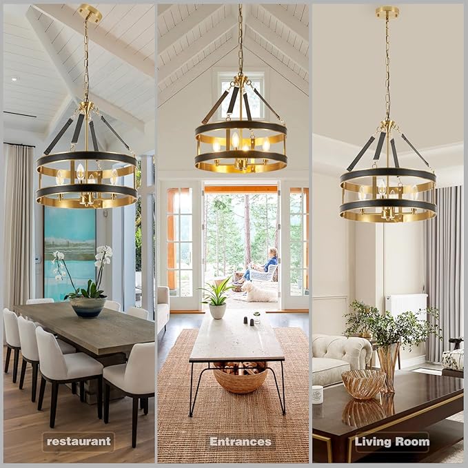 Farmhouse Ceiling Chandelier,18 Inch Antique bronze aluminum black leather belt trim Modern Rustic Hanging Pendant Ceiling Light Fixture for Living room, Dining room, Bedroom, Kitchenļ¼4 Lightļ¼