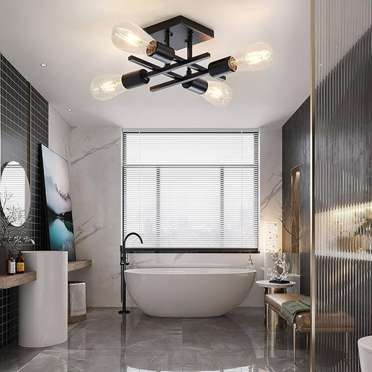 Industrial 4-Light Semi Flush Mount Ceiling Light Fixtures, Farmhouse Black Chandelier Lighting, Modern E26 Base Sputnik Ceiling Lamps for Bedroom Living Room Hallway Entryway, 2 Pack