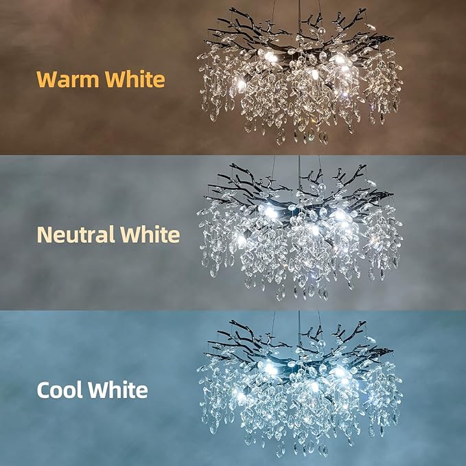 Modern Tree Branch Crystal Chandelier 30" Black Luxury Large Pendant Lighting 10-Light Contemporary K9 Crystal Chandeliers for Dining Room Kitchen Living Room Foyer Entryway (Black, D30"-Round)