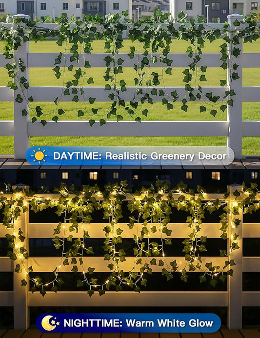 suddus Solar Ivy String Lights Outdoor Waterproof, 33Ft 100 LED Fake Vines with Lights, Artificial Greenery Leaf Fairy Light for Privacy Fence, Wall, Patio, Garden, Balcony Decor (Warm White)