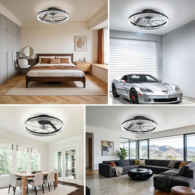 AIKVSXER Ceiling Fans with Lights,20 Inch Low Profile Fandelier with APP Control, Ultra Quiet,3CCT and 6 Wind Speeds for Bedroom, Living Room Modern Flush Mount Fan Light (Black, 20inch-Crystal Fold)