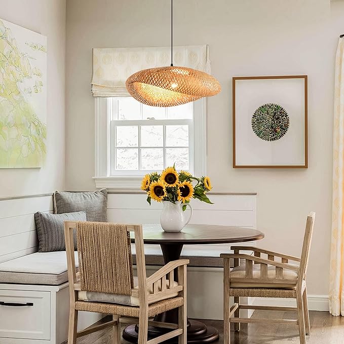 19.7in Farmhouse Bamboo Pendant Light Rattan Woven Chandelier for Dining Room Boho Lights Fixture Kitchen Island Wicker Hanging Lighting for Restaurants Breakfast Nook Foyer Entryway Porch