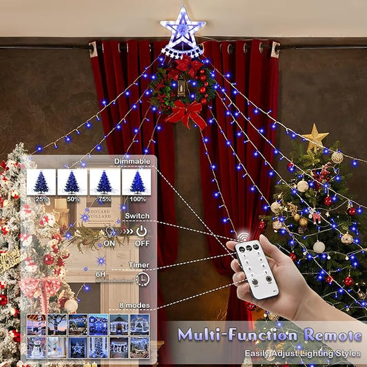 Star String Lights, 350 LED Tree Waterfall Fairy Lights, Outdoor Waterproof Christmas Decoration Lights with Remote, 16FT X 9 Hanging LED Lamp for Garden Yard Wedding Birthday Festival, Ocean Blue