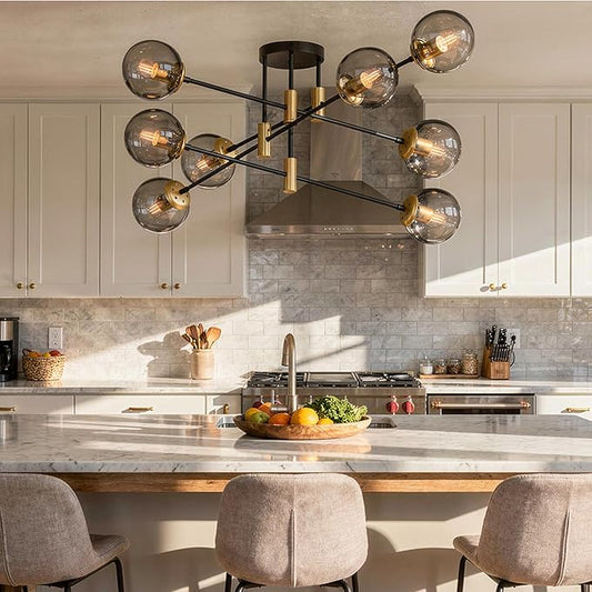 8-Light Sputnik Chandelier Modern Matte Black and Gold Ceiling Light, Glass Globe Hanging Light Fixture for Dining Room, Kitchen Island, Bedroom, Living Room