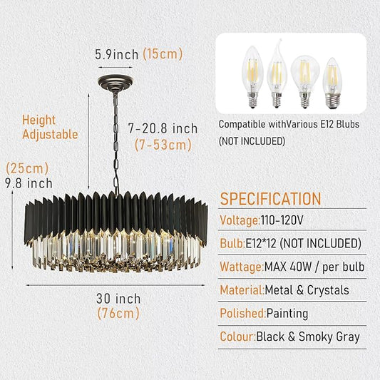 Black Crystal Chandelier 30'' K9 Smoke Gray Crystal Round Pendant Lights 12 Lights 6-Tier Large Modern Chandelier Light for Dining Room Living Room Bedroom Foyer Entryway