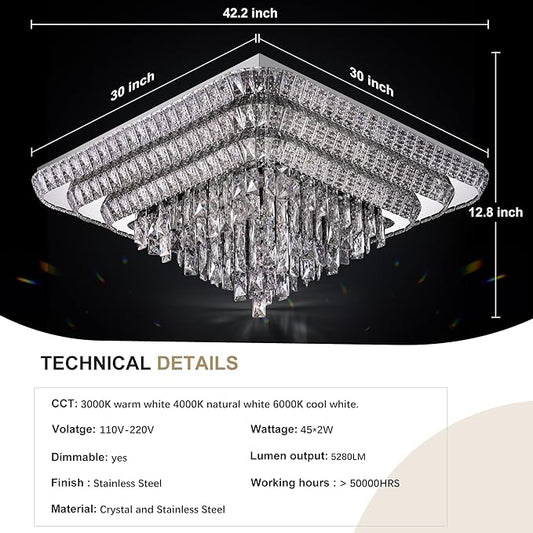 COCOSTAR Crystal Chandeliers, Modern Led Luxury Chandelier, 42" Suqare Flush Mount Chandelier Ceiling Light, Raindrop Chandeliers for Dining Room, Living Room, Bedroom