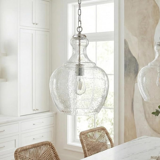 Henn&Hart 11" Mid-Century Modern Pendant Light Fixture with Seeded Glass Dome Shade and 6' Adjustable Cord for Kitchen Island, Dining Room or Game Room, Brushed Silver